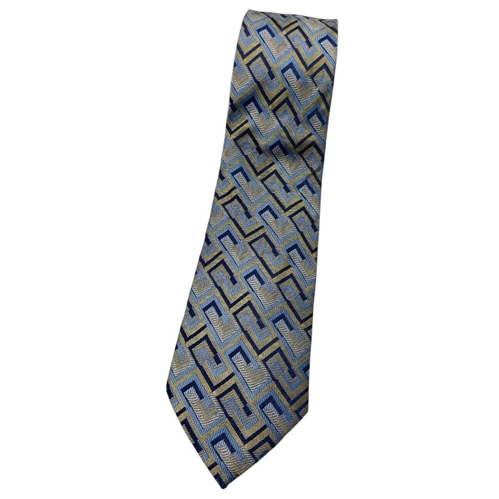 METROPOLITAN MUSEUM OF ART Silk Necktie LUXURY Silver Gold Geometric W:3.5" EUC